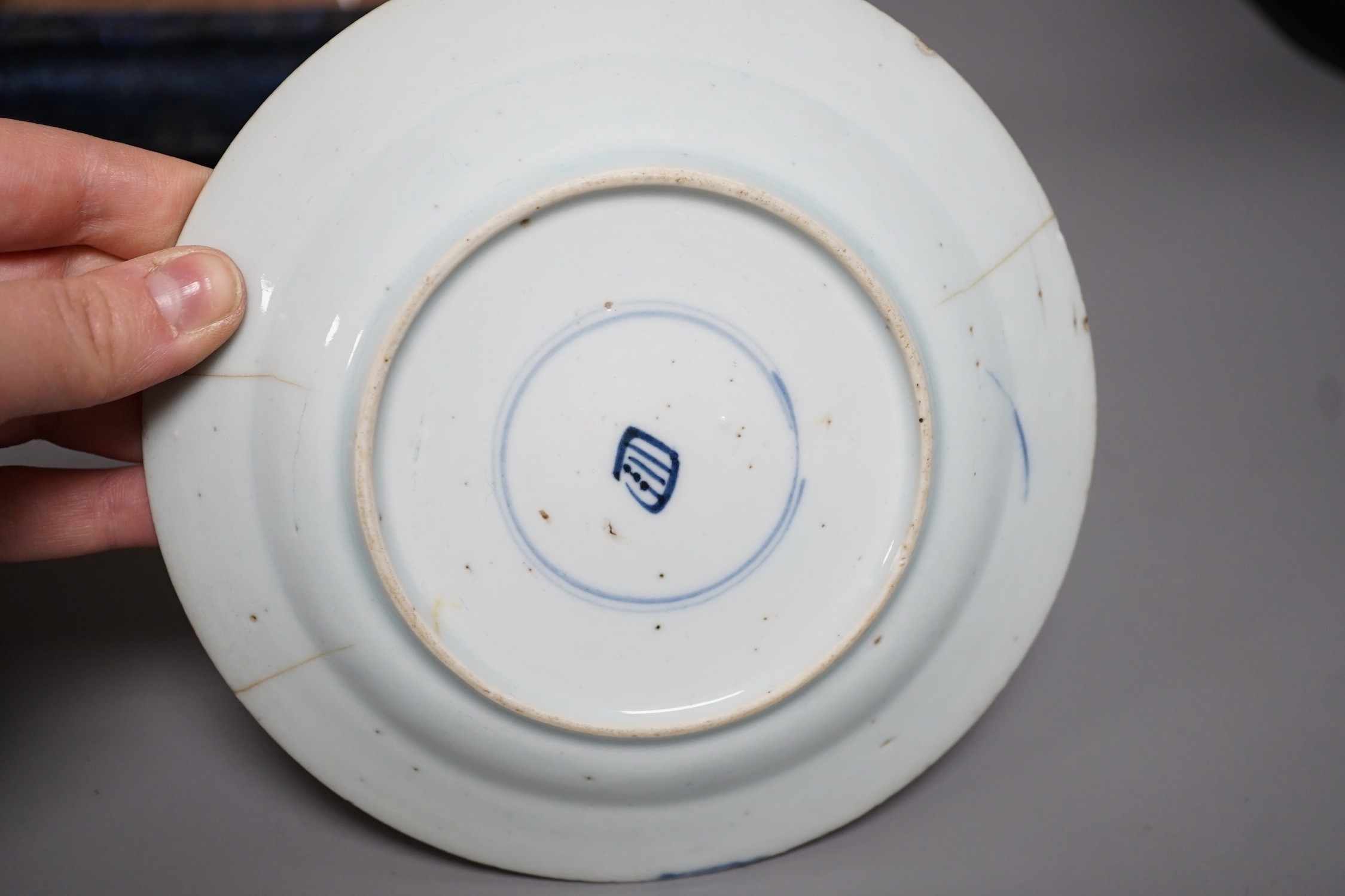 A Chinese blue and white plate a pottery planter and stand and a Qingbai type bowl, bowl 16.5cms diameter